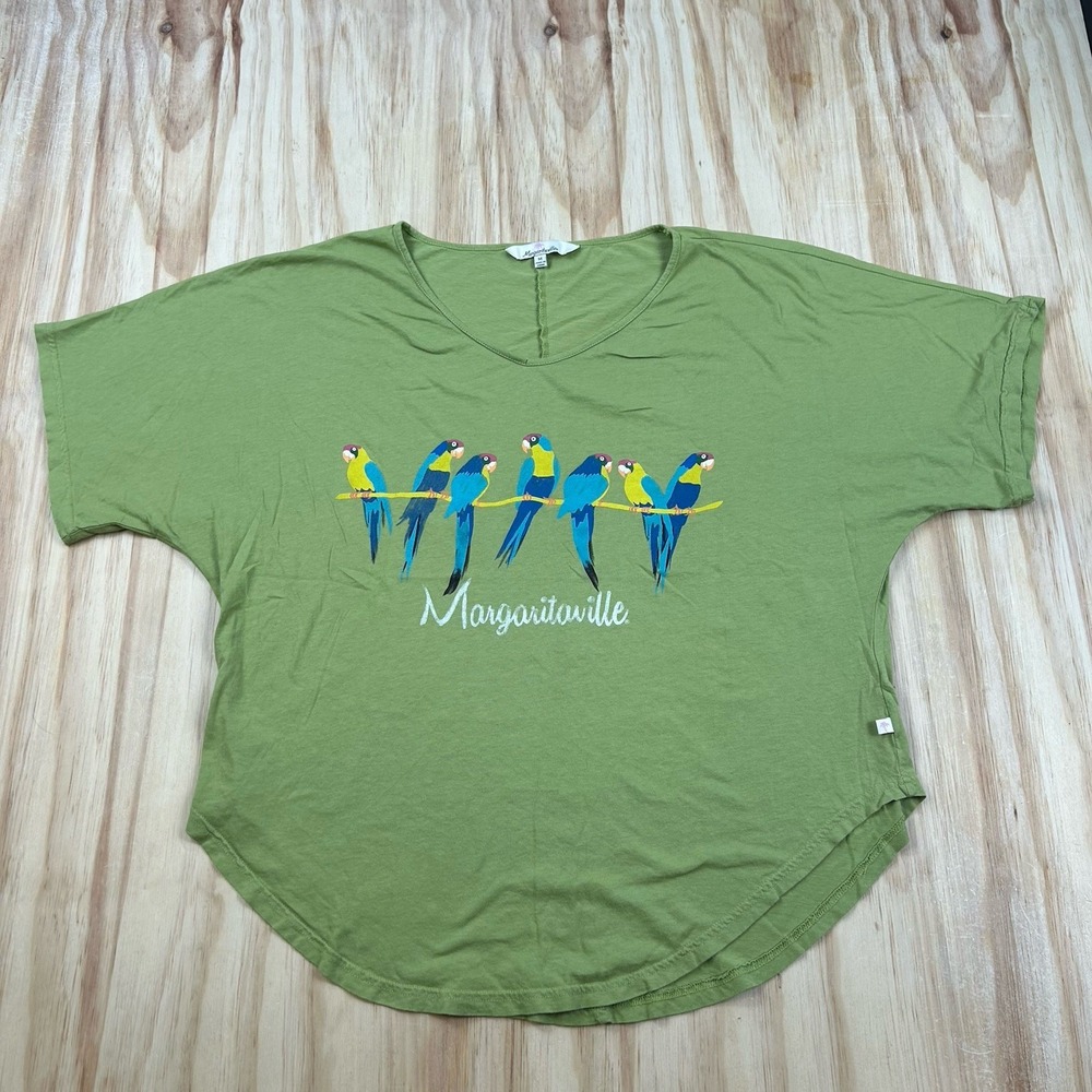 Margaritaville Women's Medium Green Parrot Graphic Oversized Curve Hem T Shirt